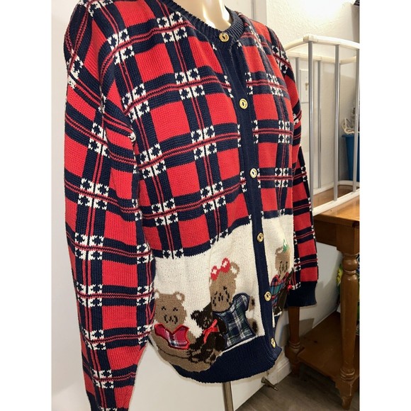 Vtg Sweater Loft 90s Christmas Ugly Vest Knit Cardigan Button Up Teddy Bear sz M - Picture 3 of 9